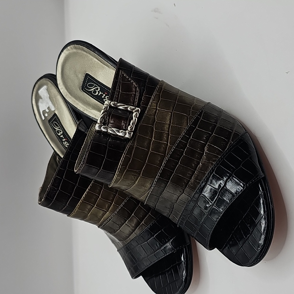 Brighton Black and Dark Brown Croc-Embossed Slide Sandals with Buckle